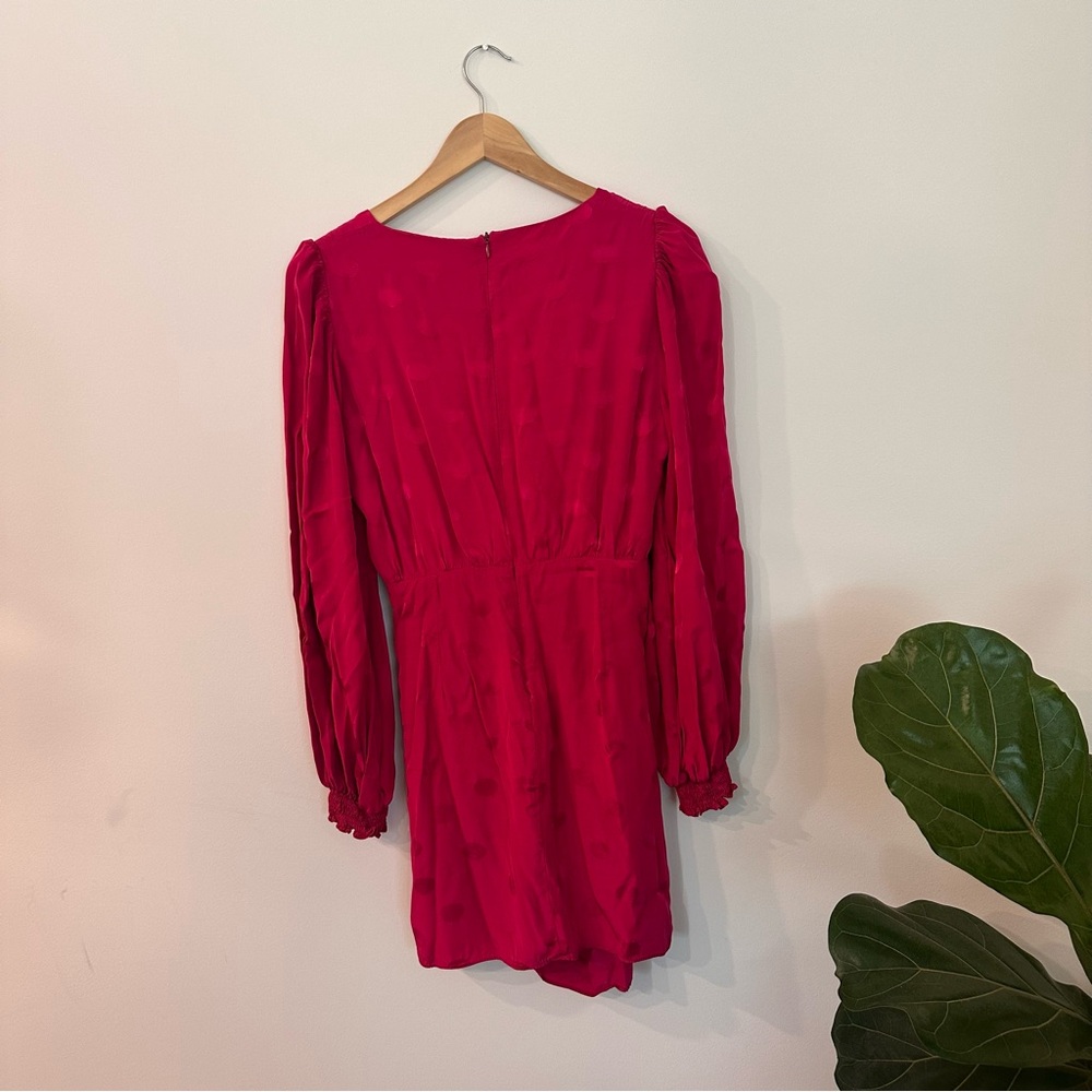 Zara Polka Dot Satin V Neck Ruched Long Sleeve Dress Magenta Size Medium - Picture 8 of 10
